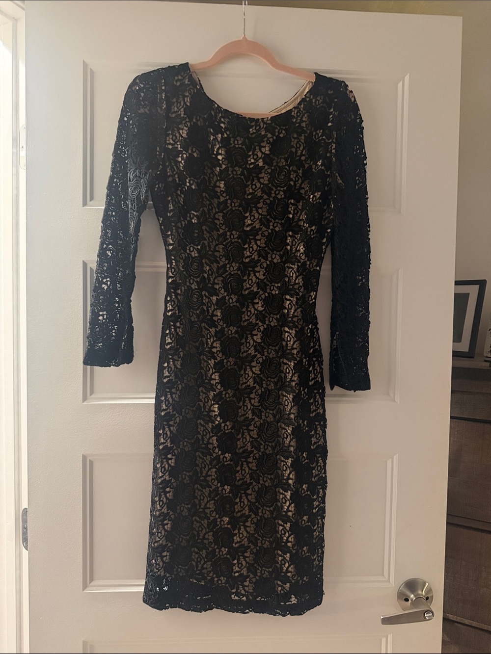 Alice + Olivia Black Lace Dress with Nude Underlay - Long Sleeve